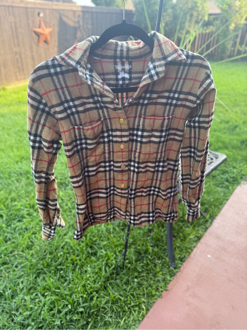 Vintage Burberrys Nova Check Plaid Wool Feel Shirt Gold Crest Buttons Size 42